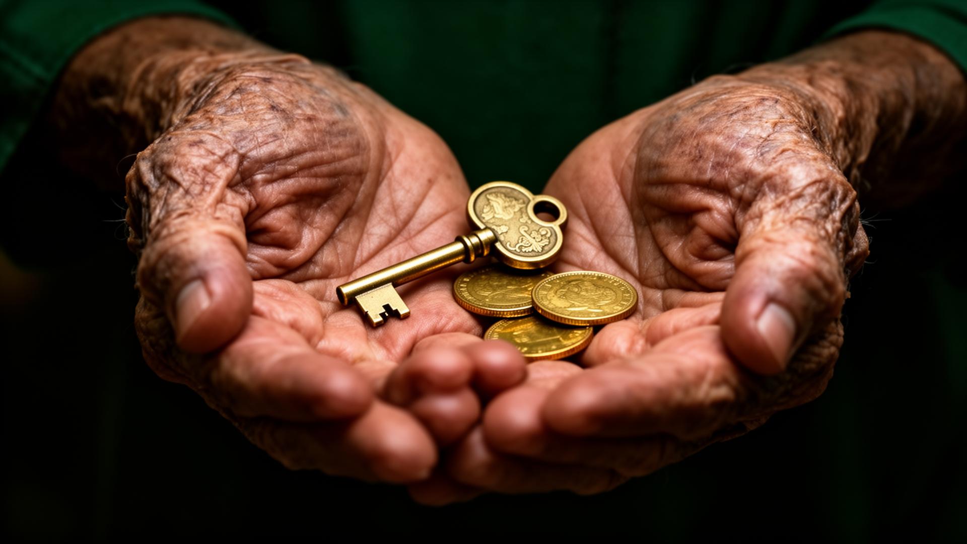 Weathered hands holding a brass key and gold coins