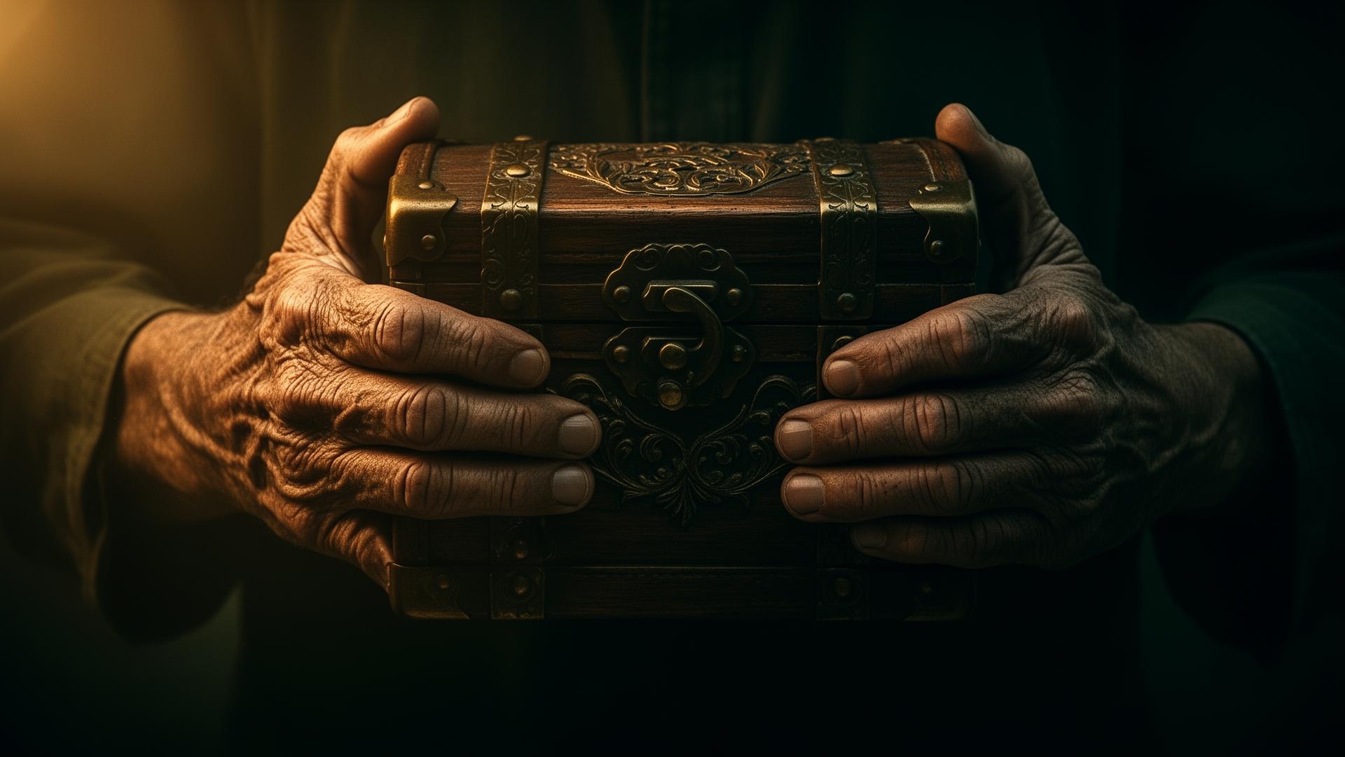 Weathered craftsman's hands cradling an antique brass-bound treasure chest