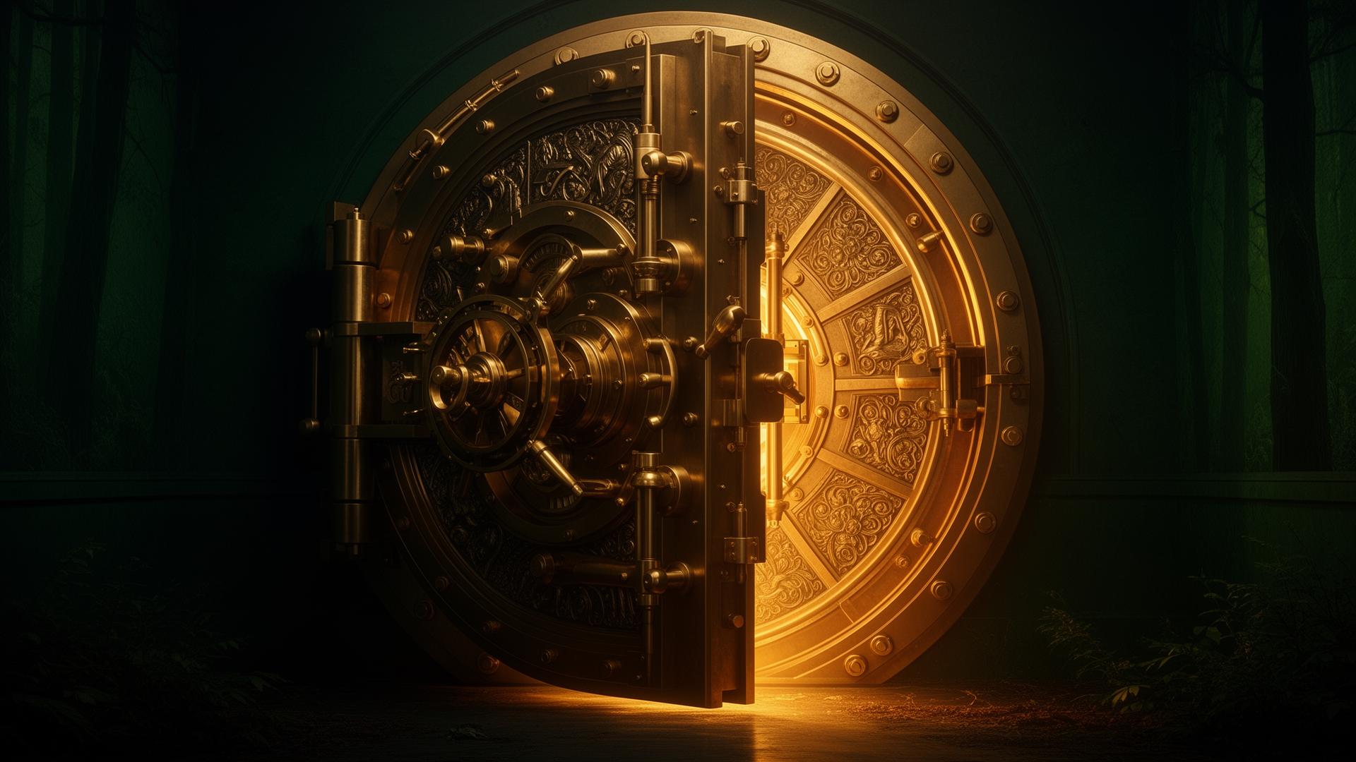Ornate antique vault door with warm light spilling out